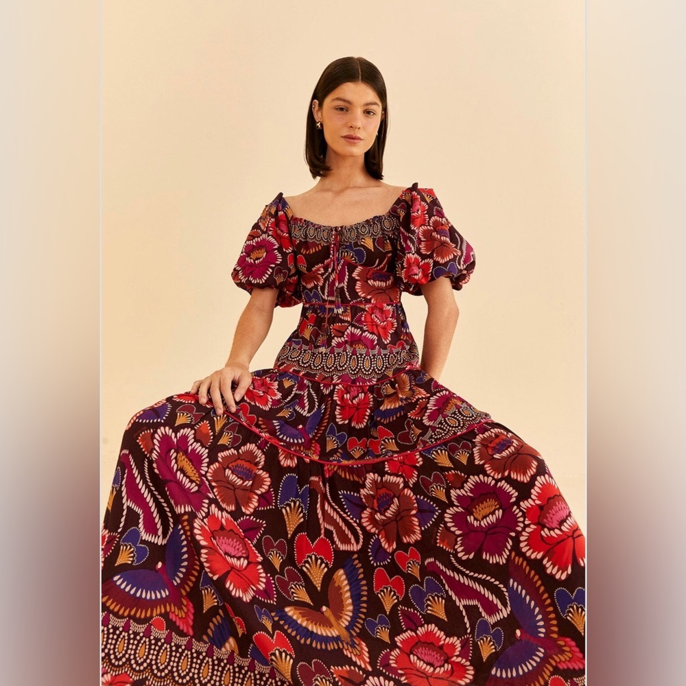 Farm Rio Brown Bright Flora Short Sleeve Midi Dress